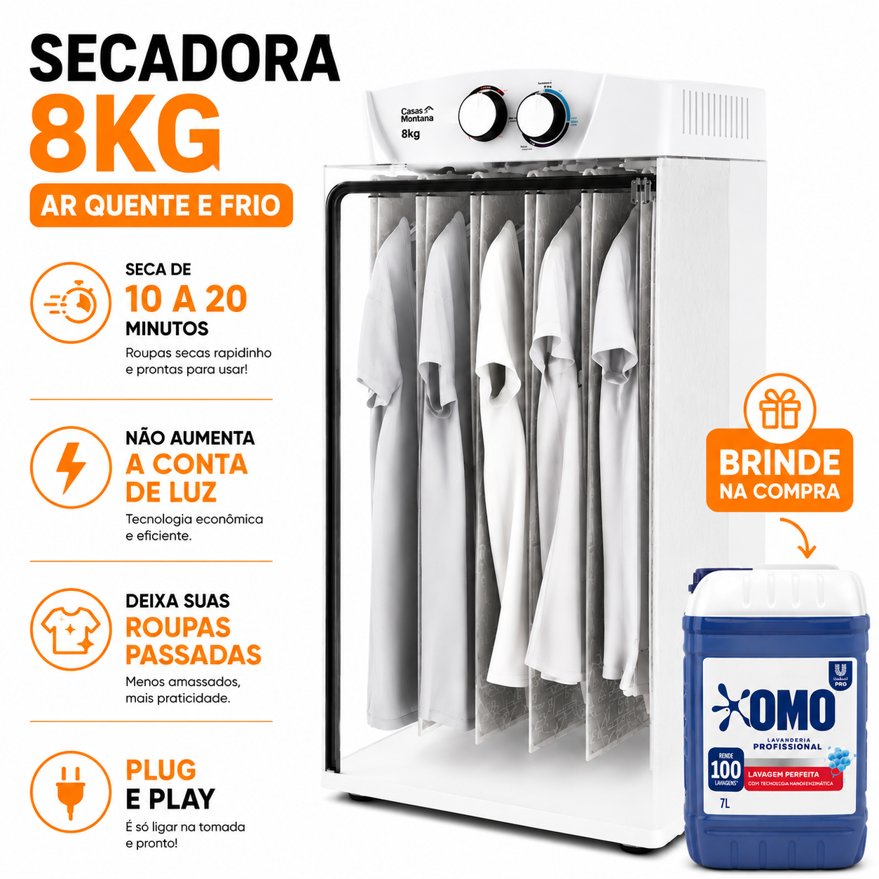 Secadora de Roupa 8 kg com timer ar quente e frio + Omo Lava Roupas de Brinde